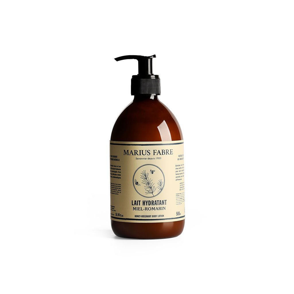 Amber colored bottle of Marius Fabre honey and rosemary body cream with cream label.