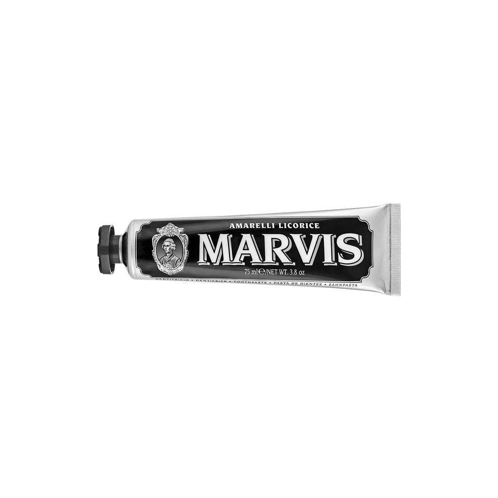Black Amarelli Licorice marvis toothpaste tube on white background
