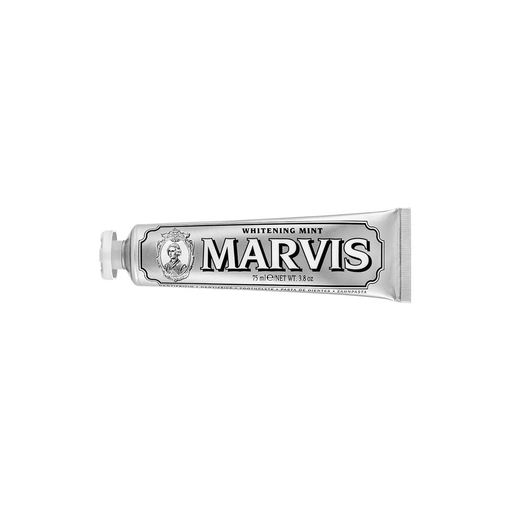 Whitening mint silver marvis toothpaste tube on white background
