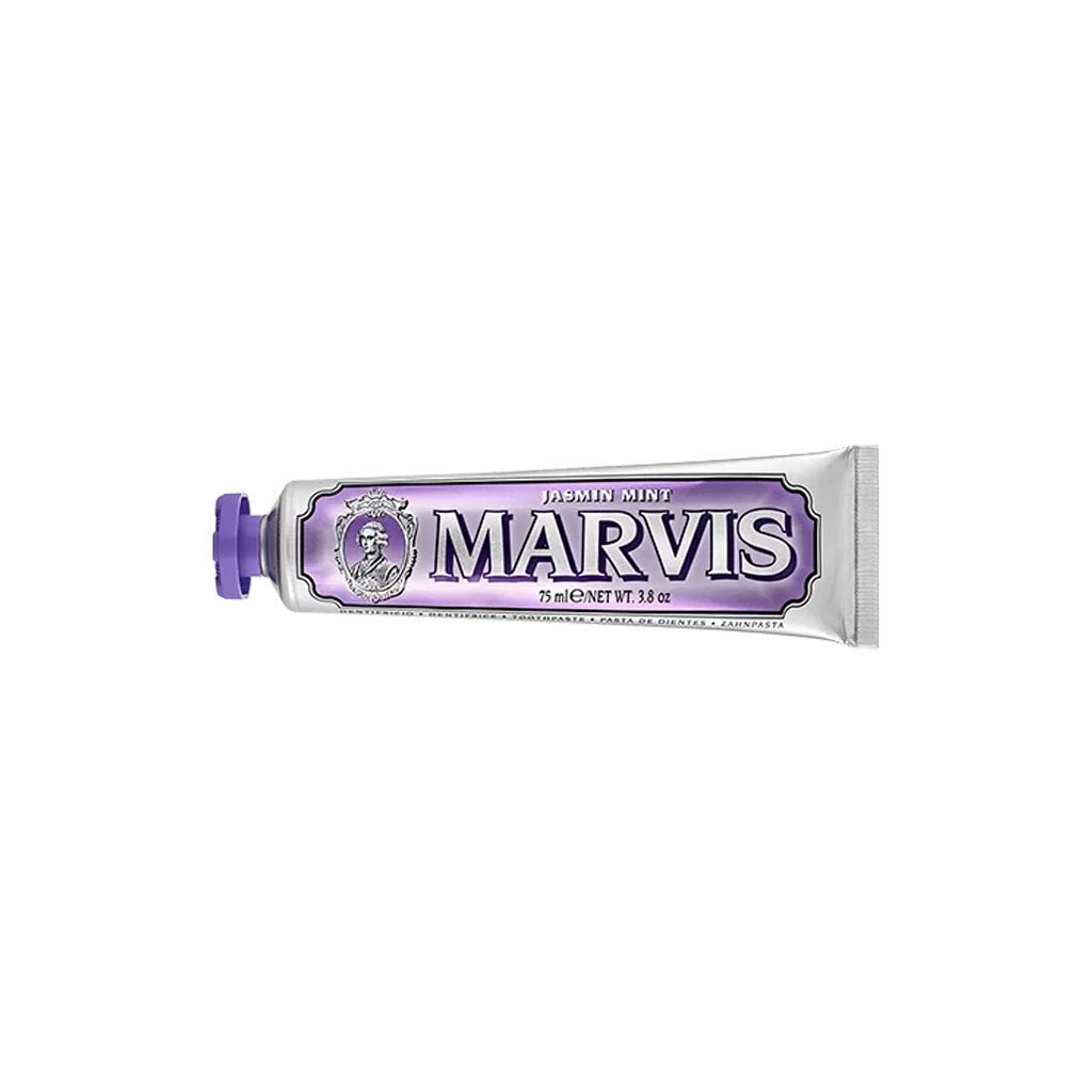 Purple Jasmin mint marvis toothpaste tube on white background