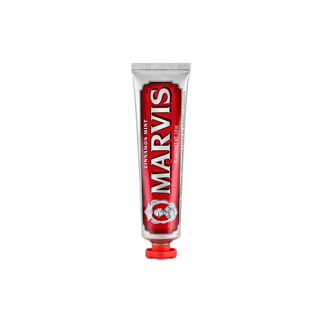 Tube of Marvis cinnamon mint toothpaste.