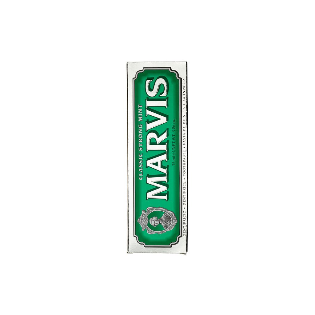 Box of Classic Strong Mint Marvis toothpaste on white background.