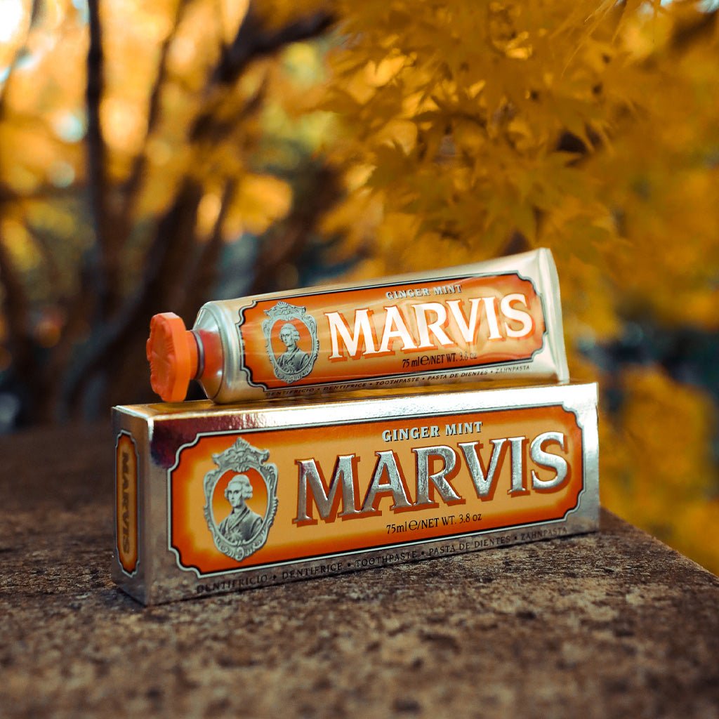 Tube of Ginger Mint toothpaste on top of orange box in front of natural background.