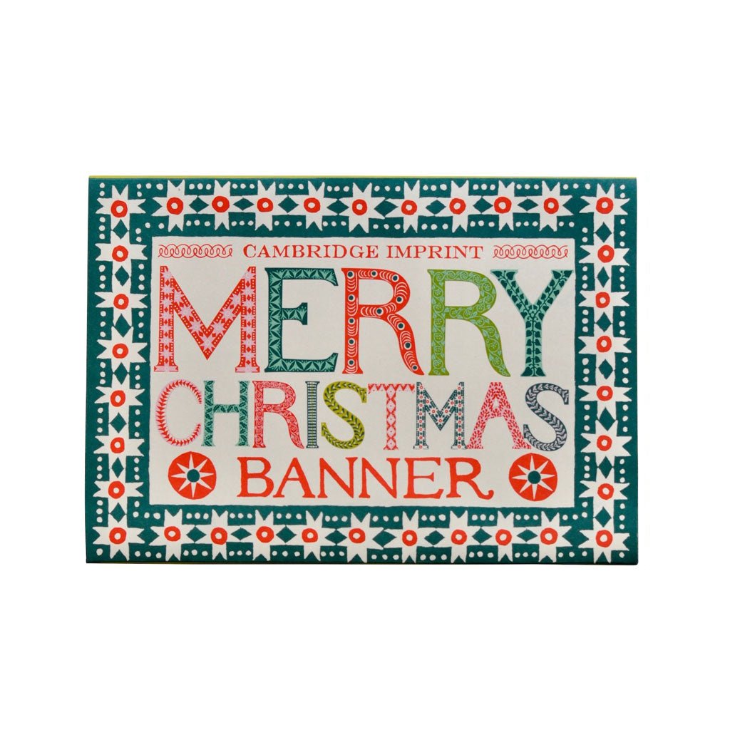 Christmas-themed banner with colorful text on a decorative border