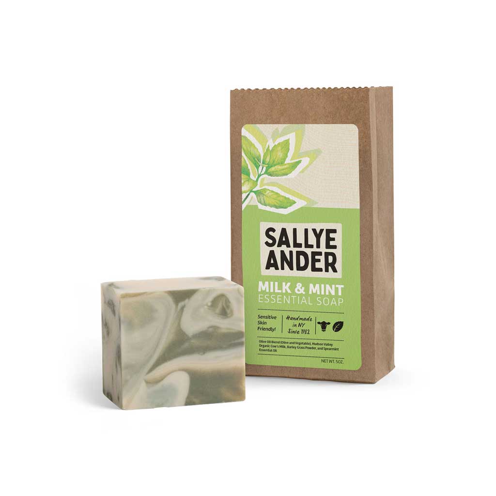 Sallye Ander milk and mint essential soap for dry, sensitive skin with packaging on a white background
