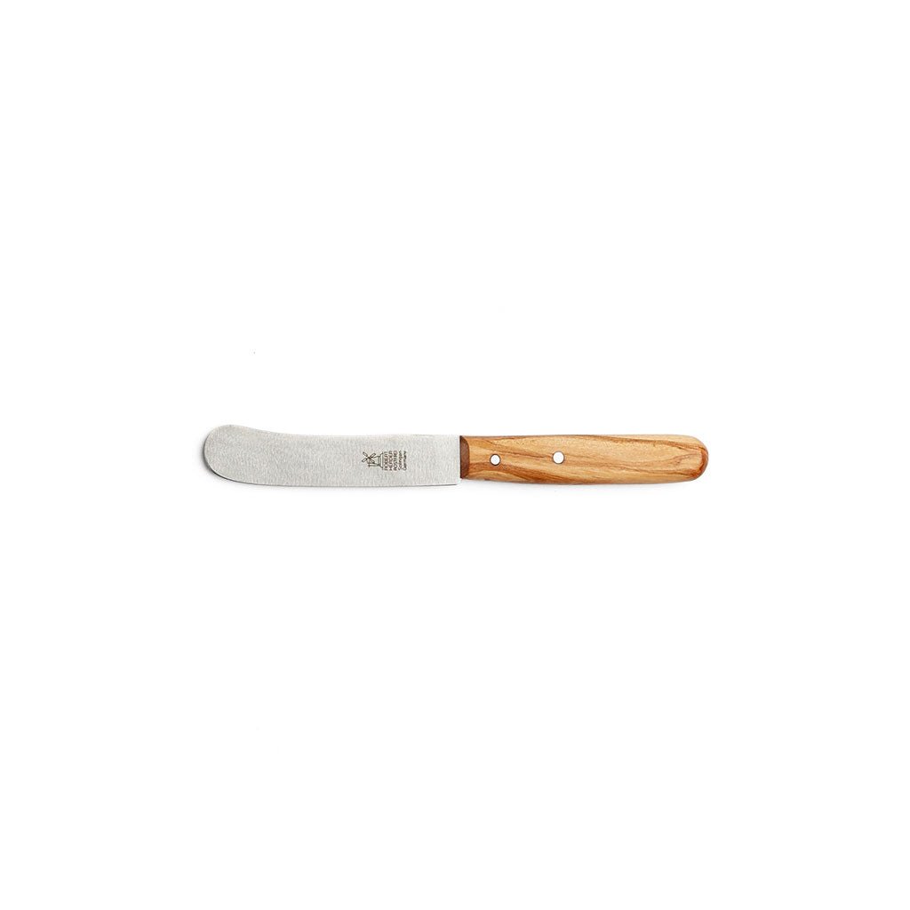 Olivewood butter knife with rounded blade on white background