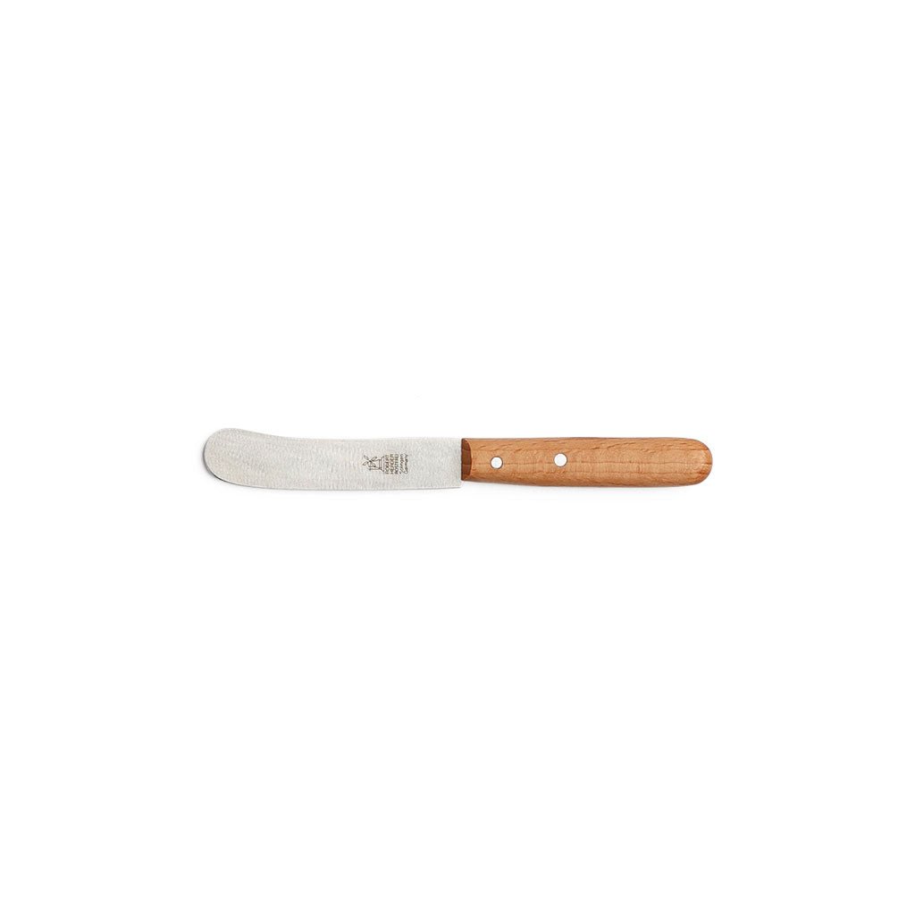 Copper beechwood butter knife with rounded blade on white background