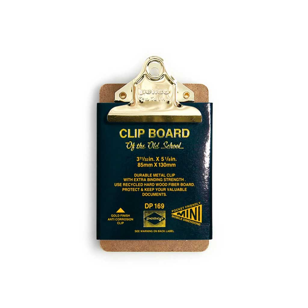 Small mini clipboard with blue label and gold hardware on white background