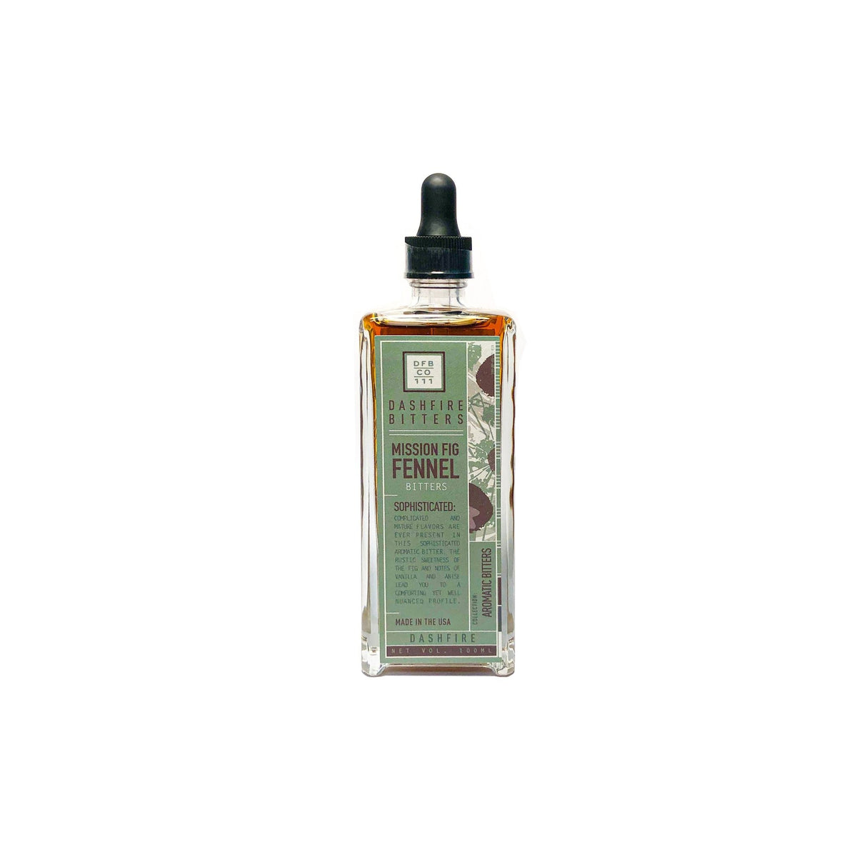 Bottle of mission fig bitters on white background