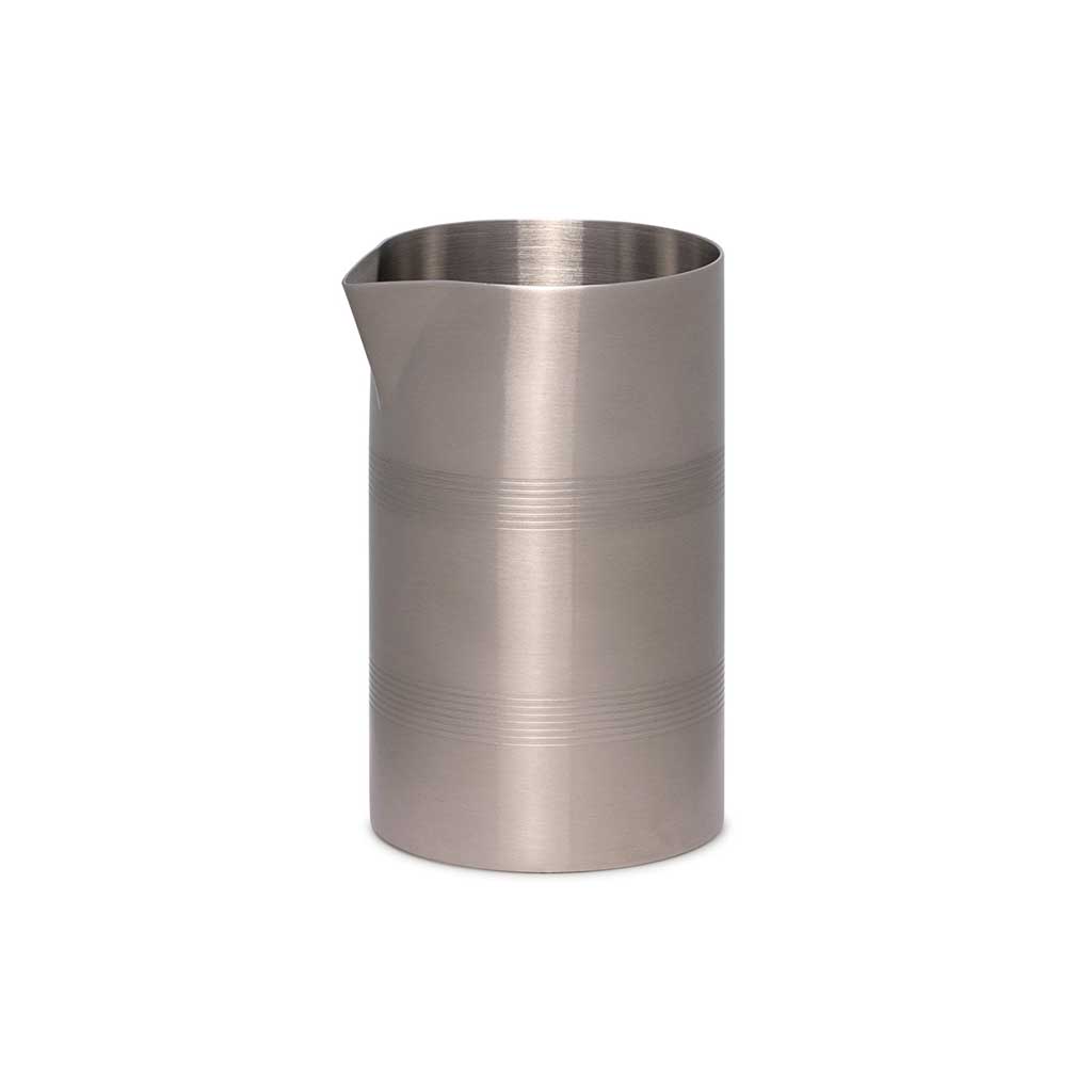 Stainless steel banded cocktail mixtin with spout on white background