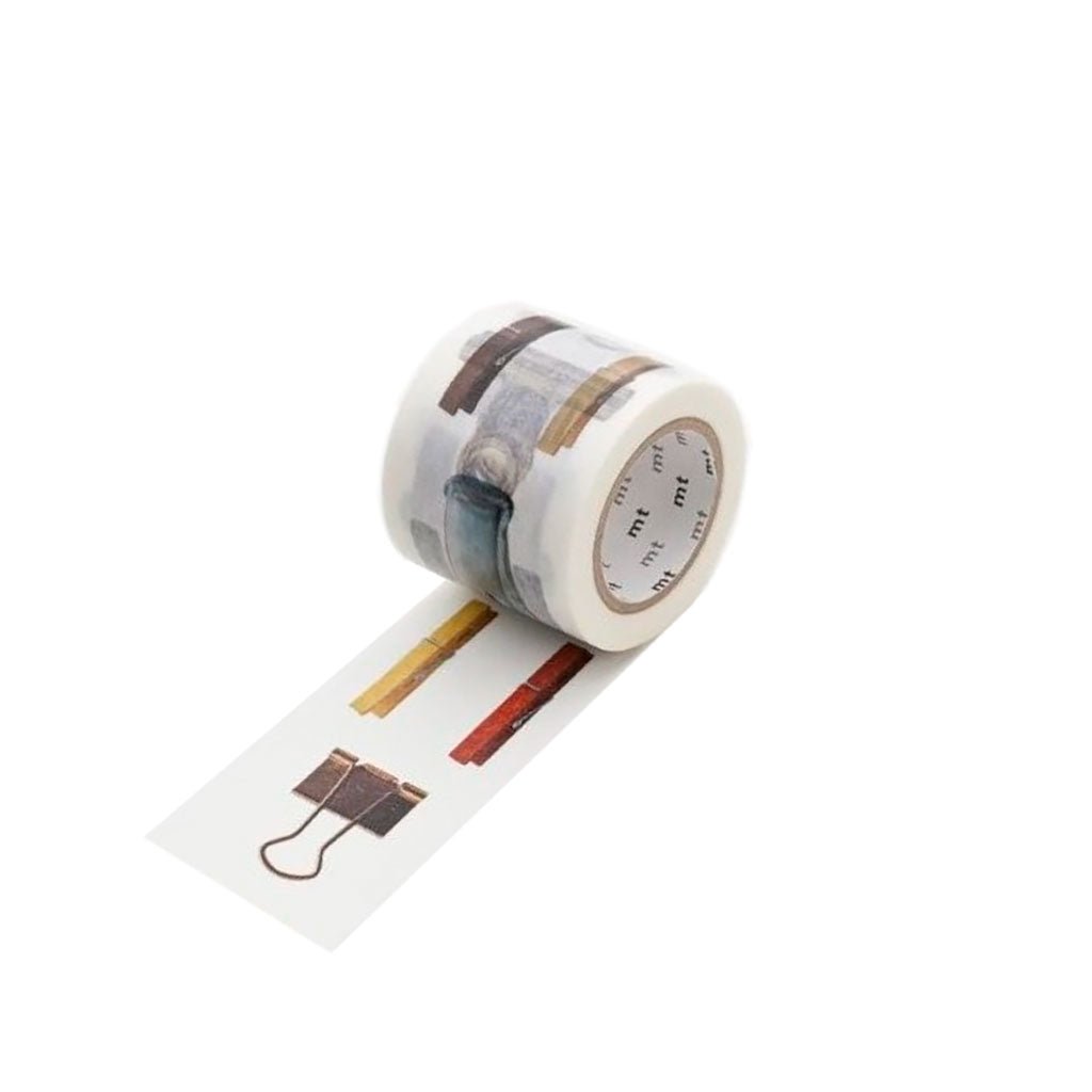 Roll of decorative tape with clip and office supply illustrations on a white background