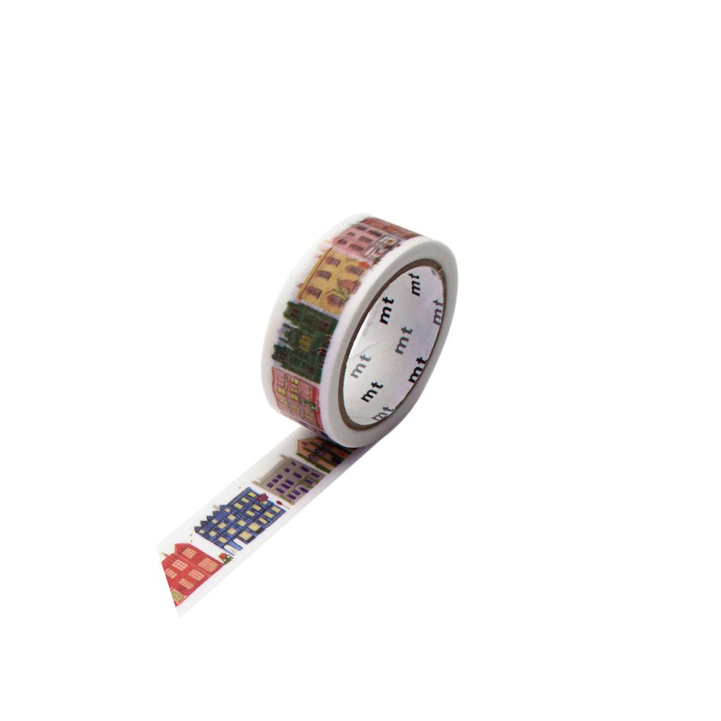 Decorative washi tape with colorful house pattern on a white background