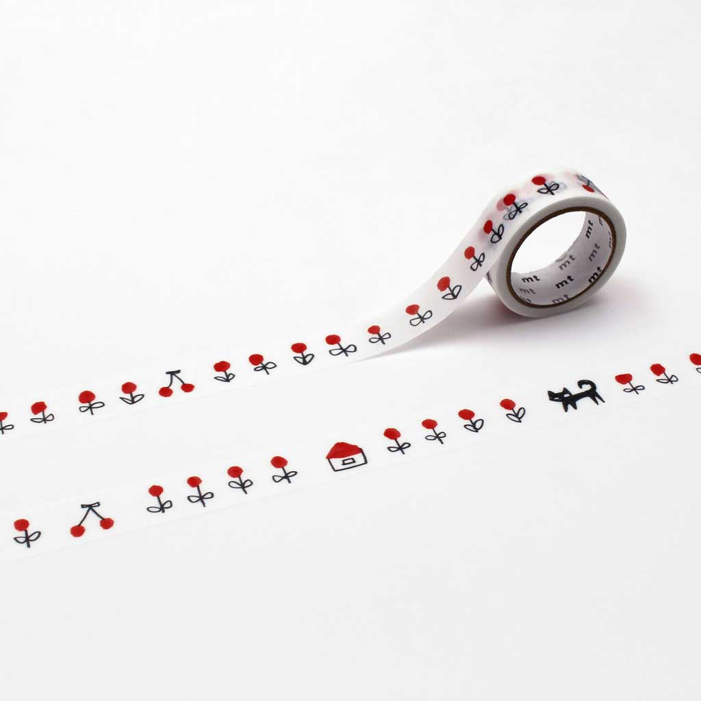 Roll of decorative tape with small flower and cat illustrations on a white background