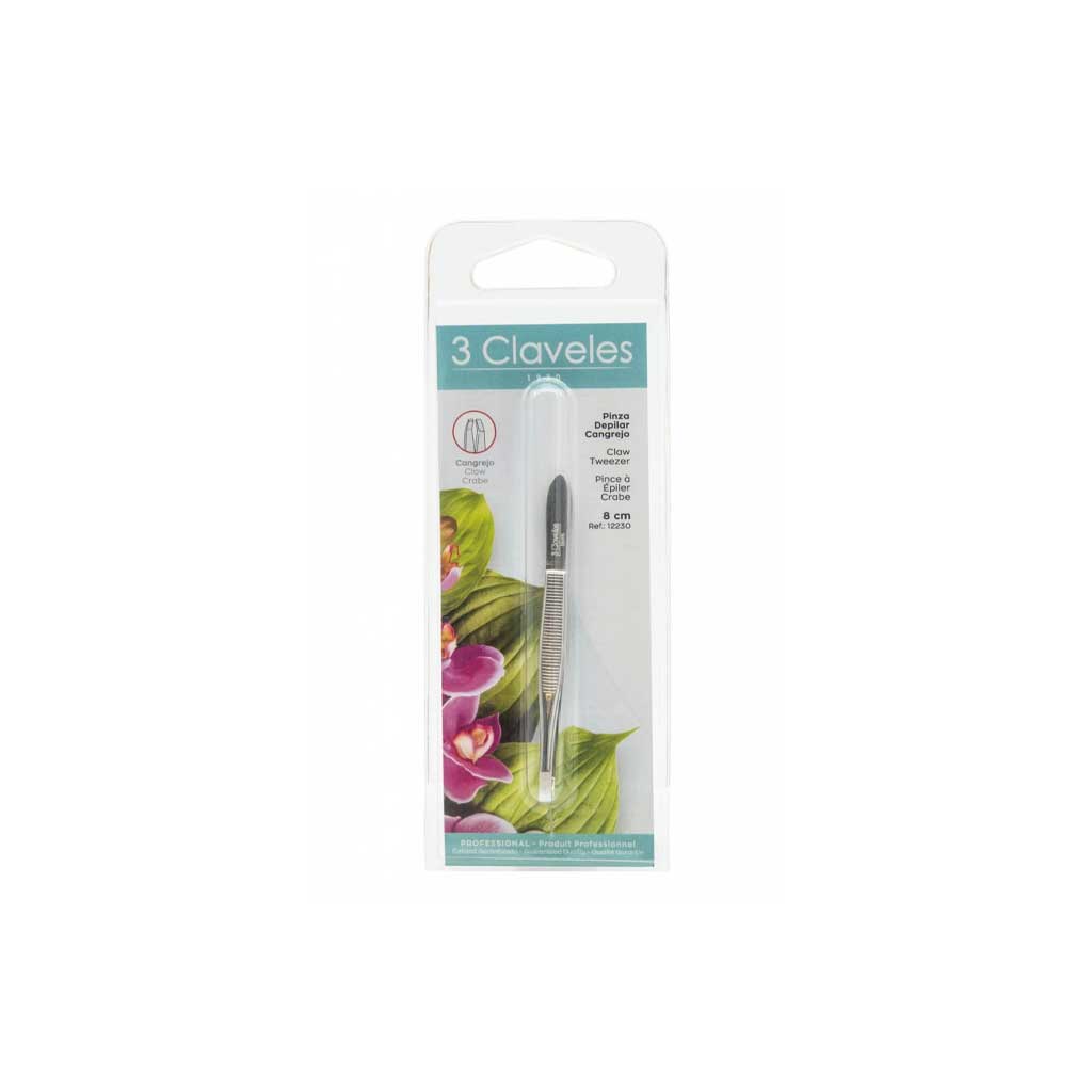 Packaged tweezers with floral design on a white background
