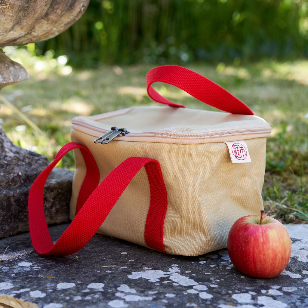 Beige insulated cooler bag with red straps and an apple on a stone surface outdoors.
