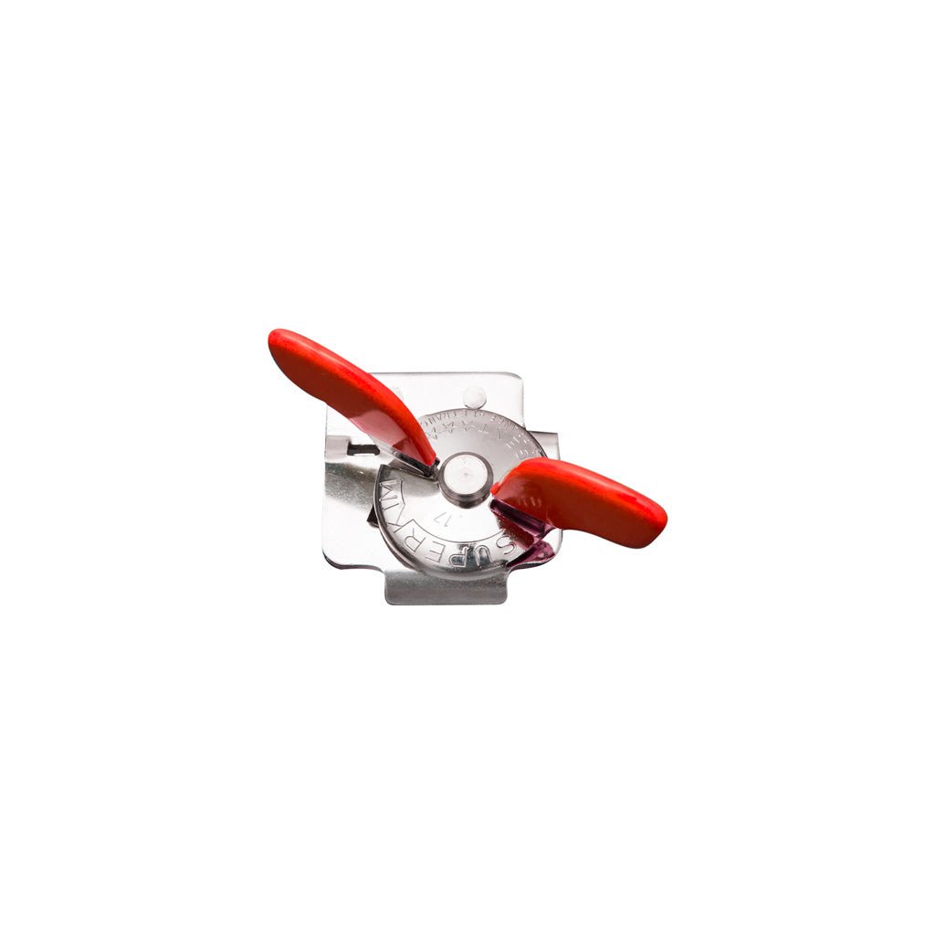 Metal can opener with red rubber grips.