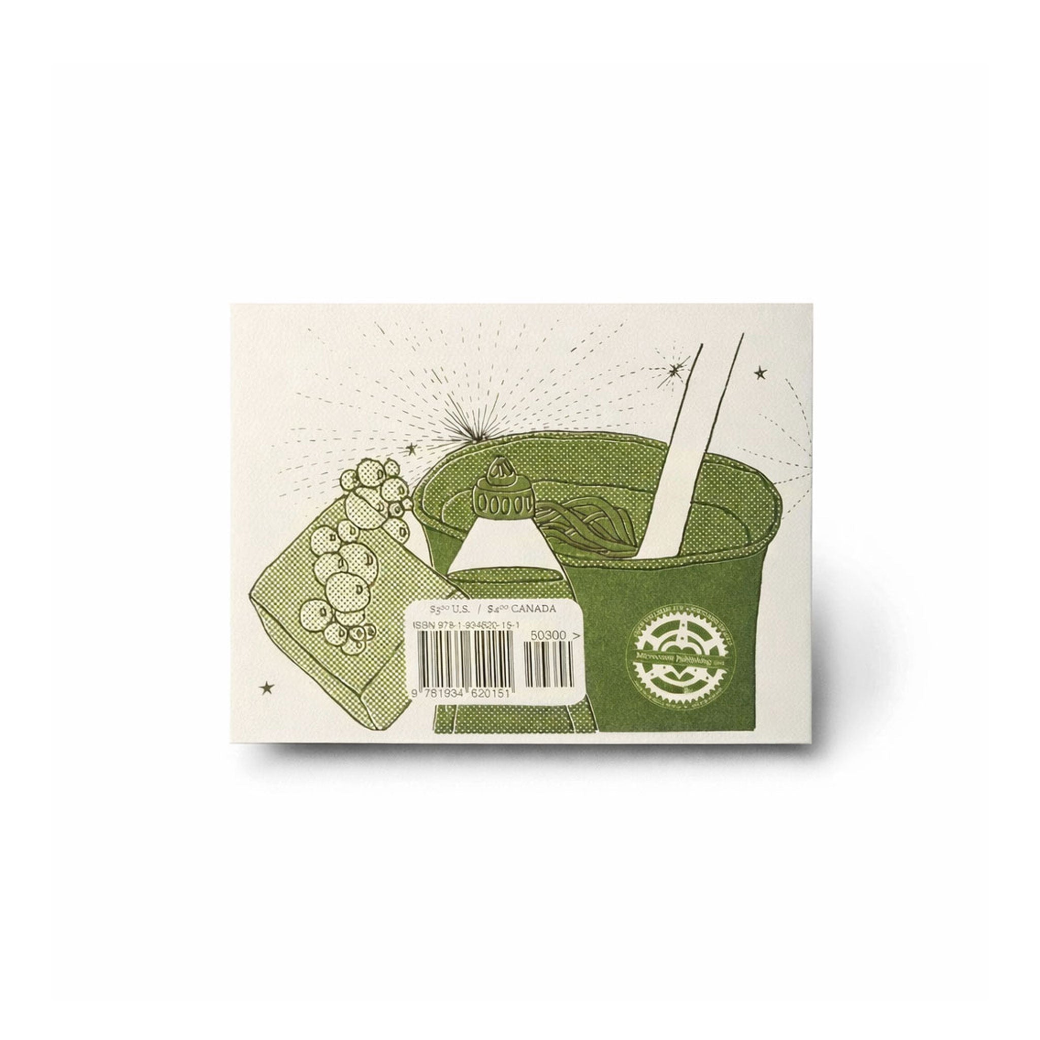 Back of housecleaning booklet with illustration of cleaning materials