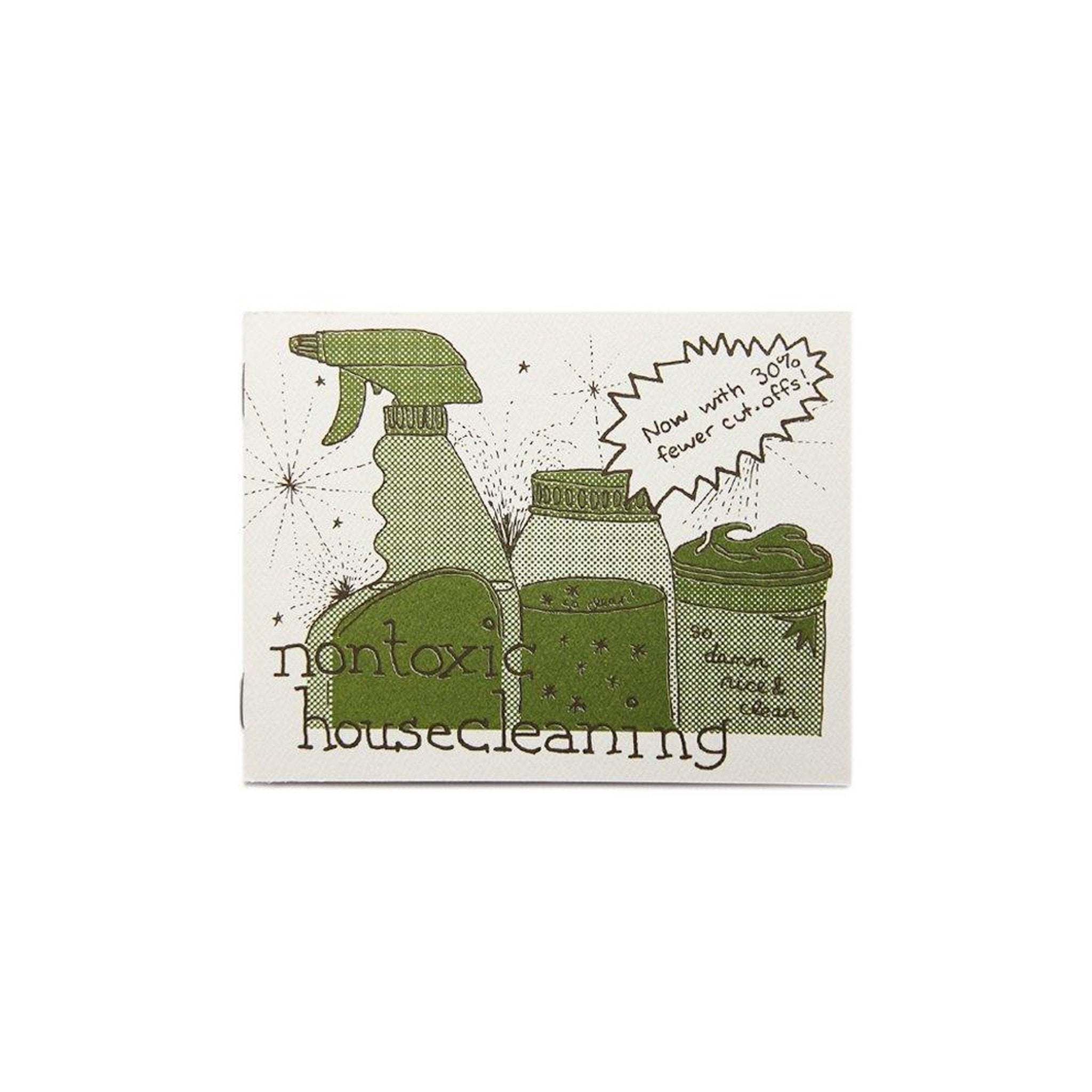 Illustration of cleaning products with text about non-toxic housecleaning on a white background