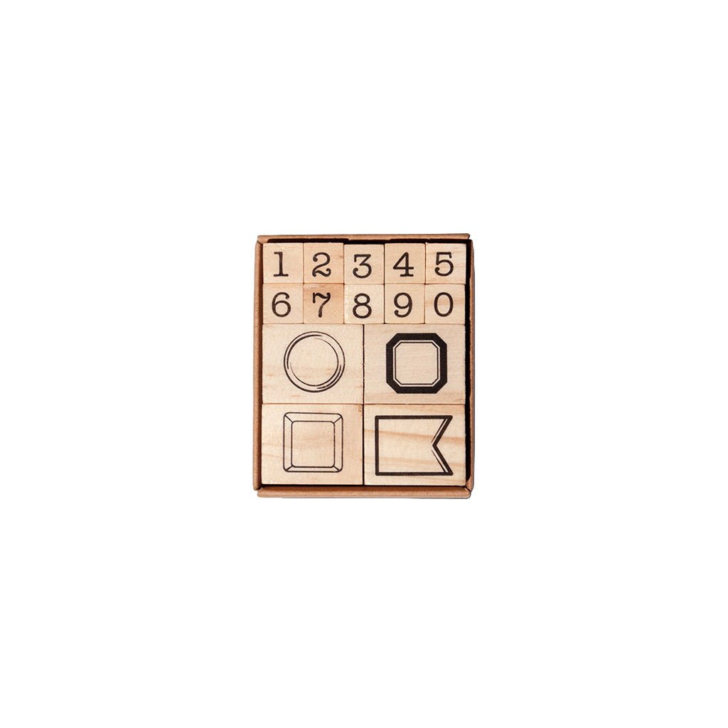 Set of wooden stamps with numbers and decorative frame designs on white background