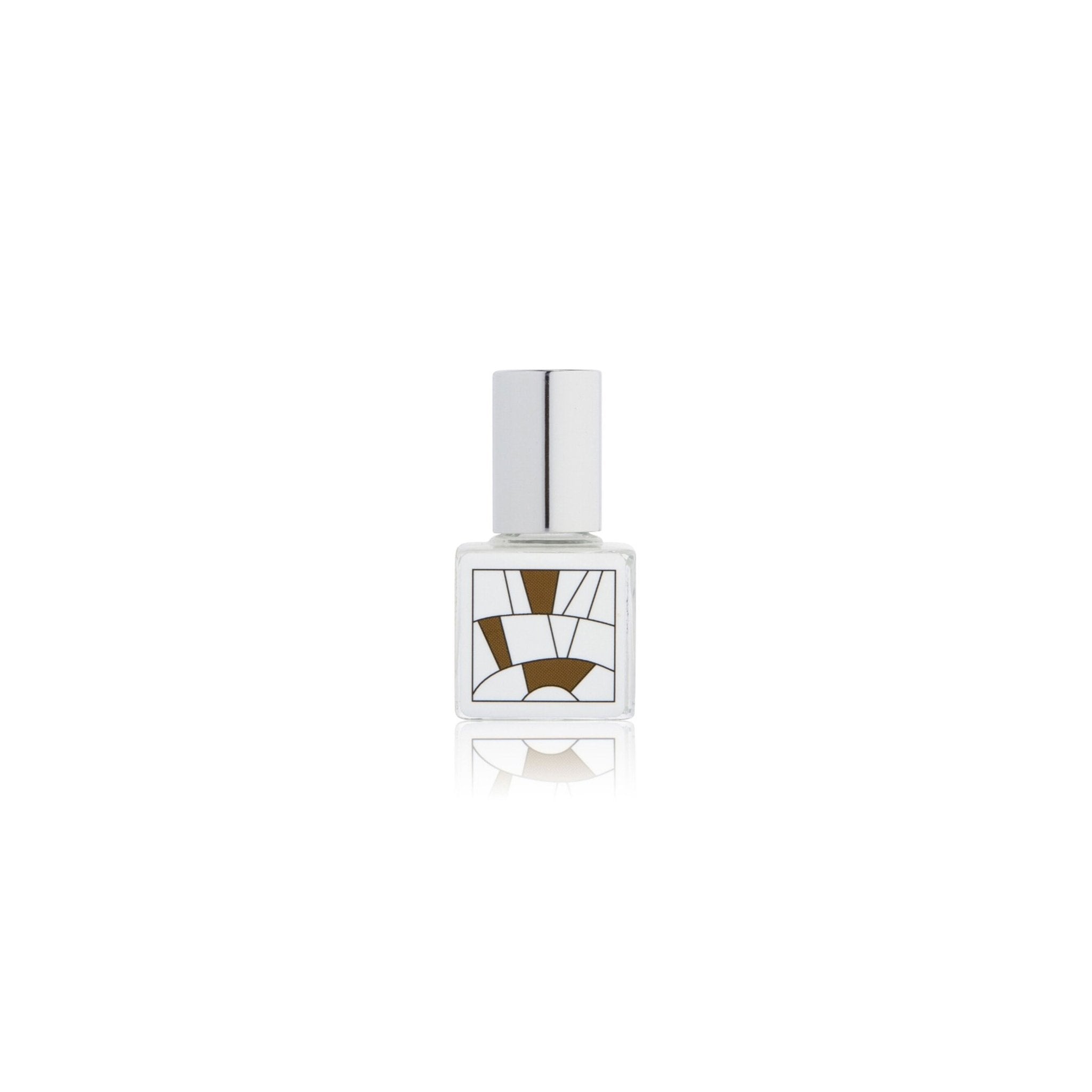 Perfume bottle with brown geometric design on a white background