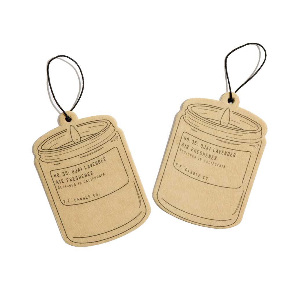Two brown paper air freshener tags with black text on a white background