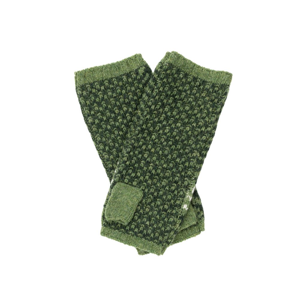 Inside pattern of green knit wrist warmers.