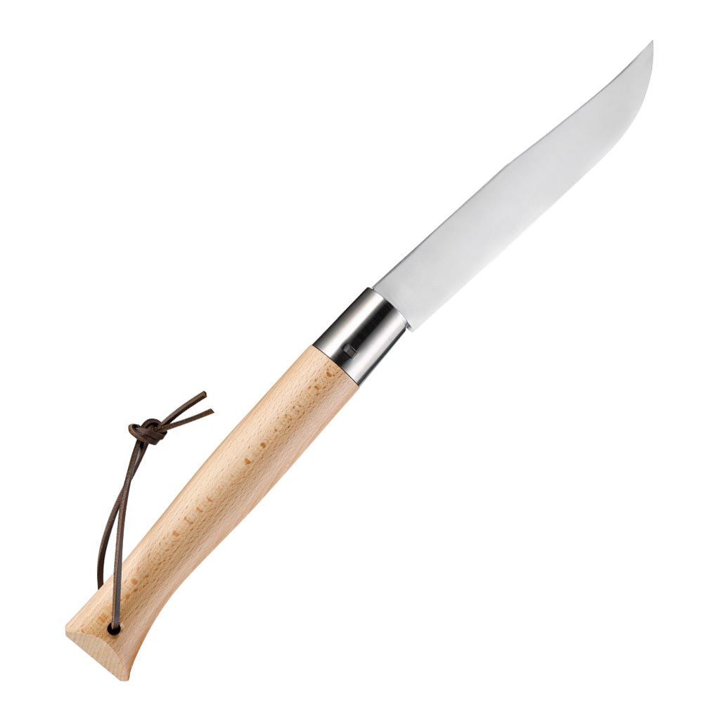 Back of giant Opinel knife with blade fully extended.