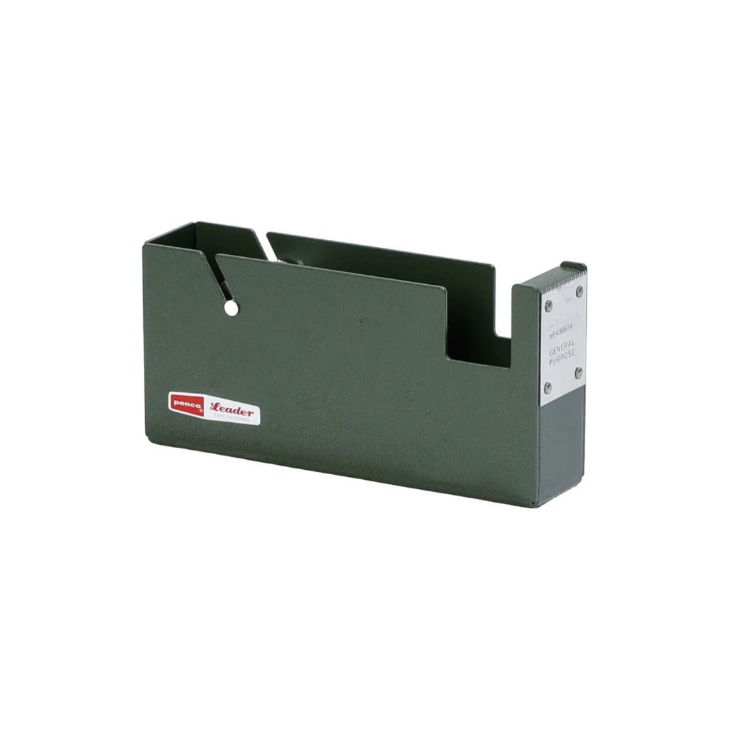 A dark green steel large tape dispenser with red Penco logo on side on white background