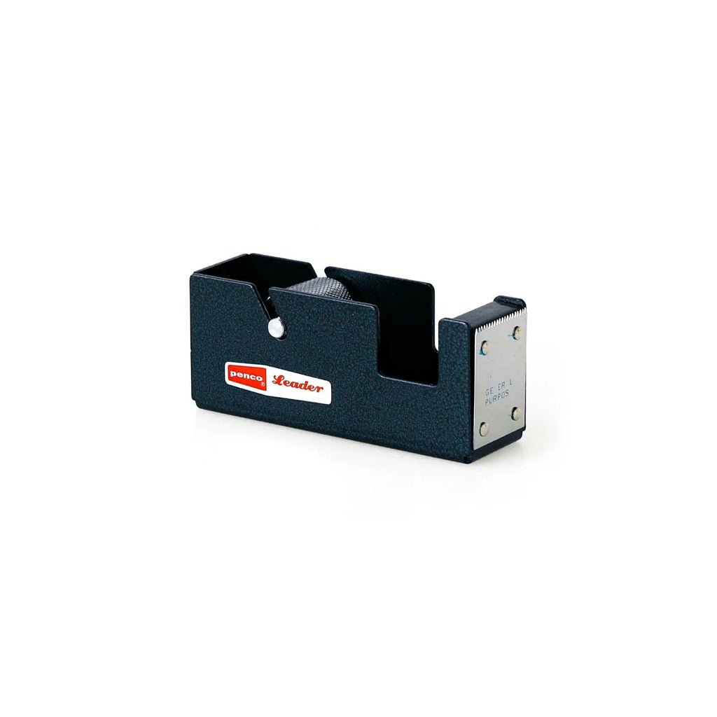 A small navy blue steel tape dispenser on white background