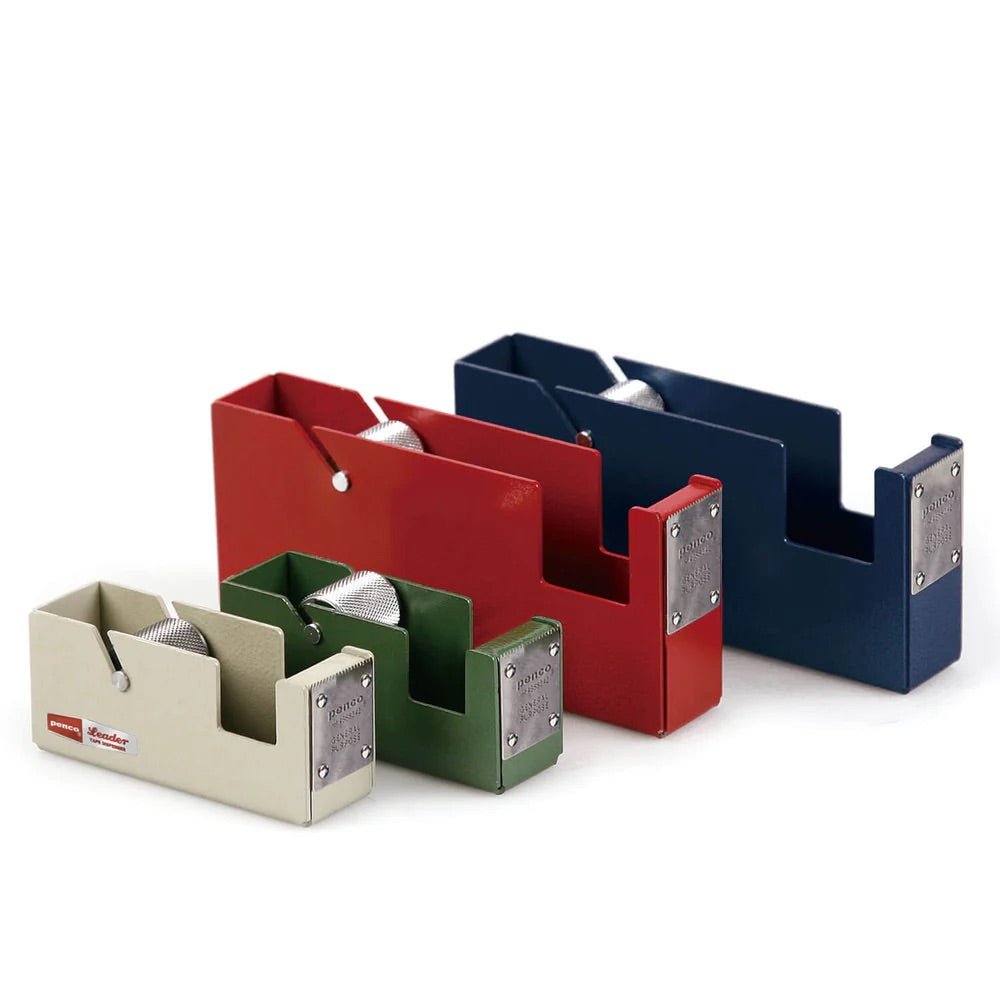 Two large steel tape dispensers next to two small tape dispensers on white background