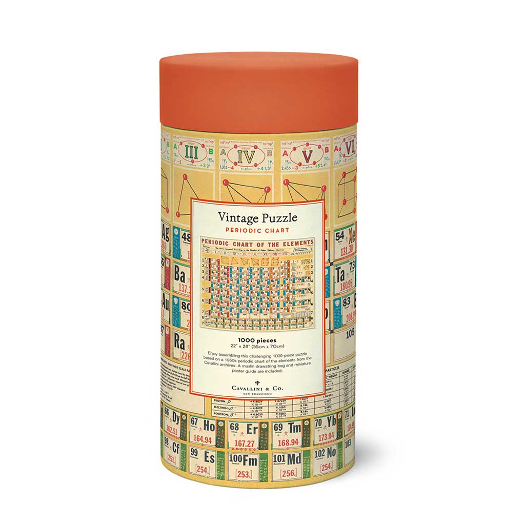 cylindrical puzzle box with periodic table design on a white background