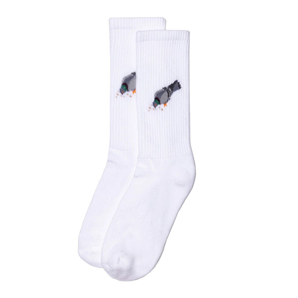 White American Trench socks with a gray pigeon graphic wrapped around the ankle
