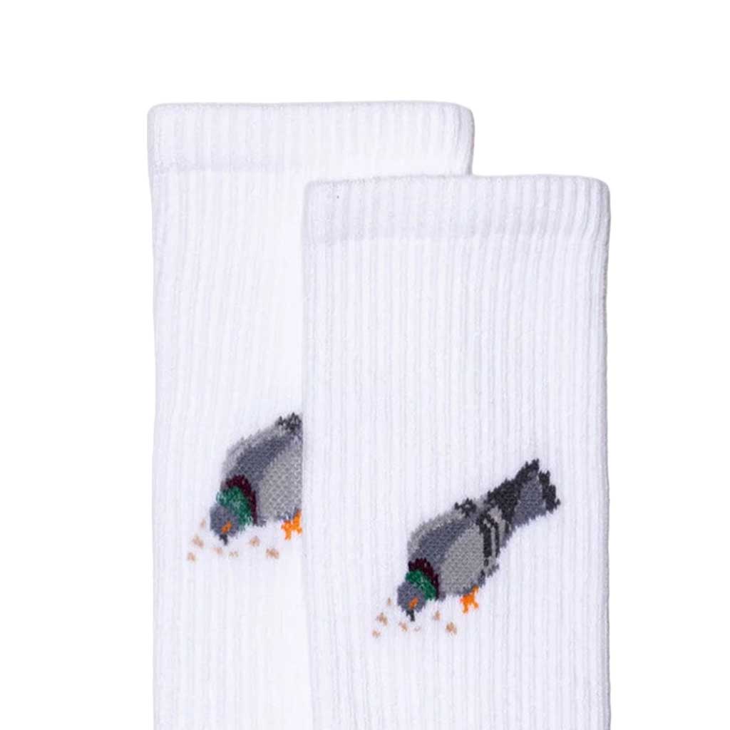 White socks with pigeon design on a white background