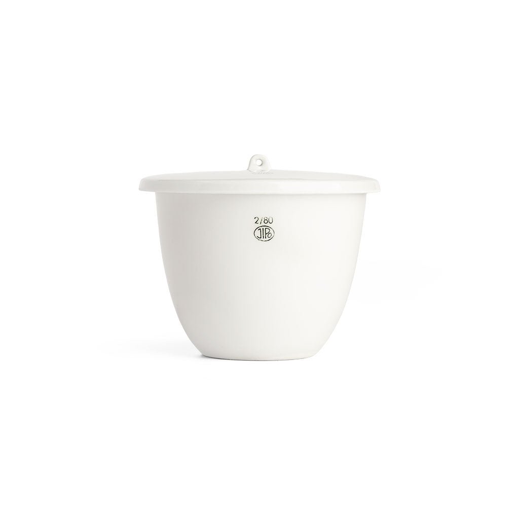 White porcelain jar with lid on white background.