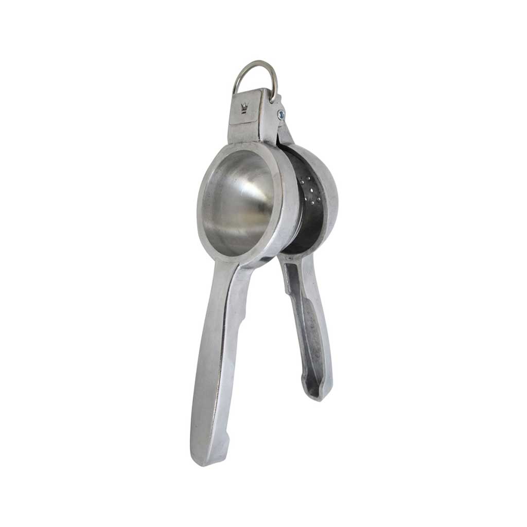 Cast aluminum large hand juicer upright on white background