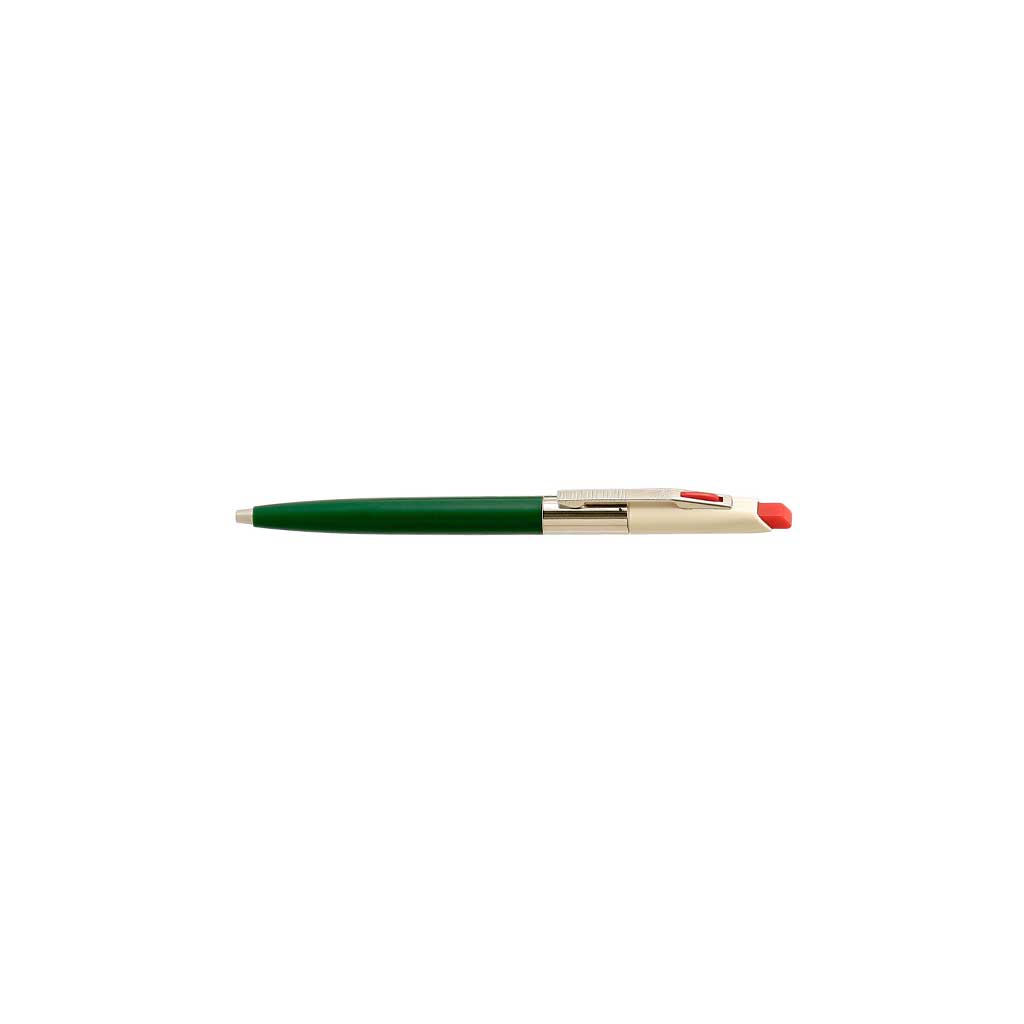 Pen with green body, gold accents, and red cap on a white background