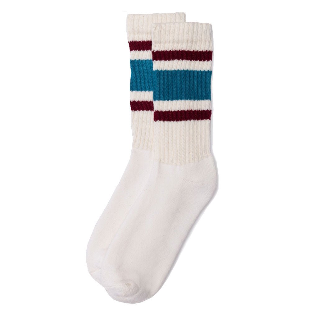 Pair of white ribbed crew socks with wide teal bands and burgundy stripes near the top