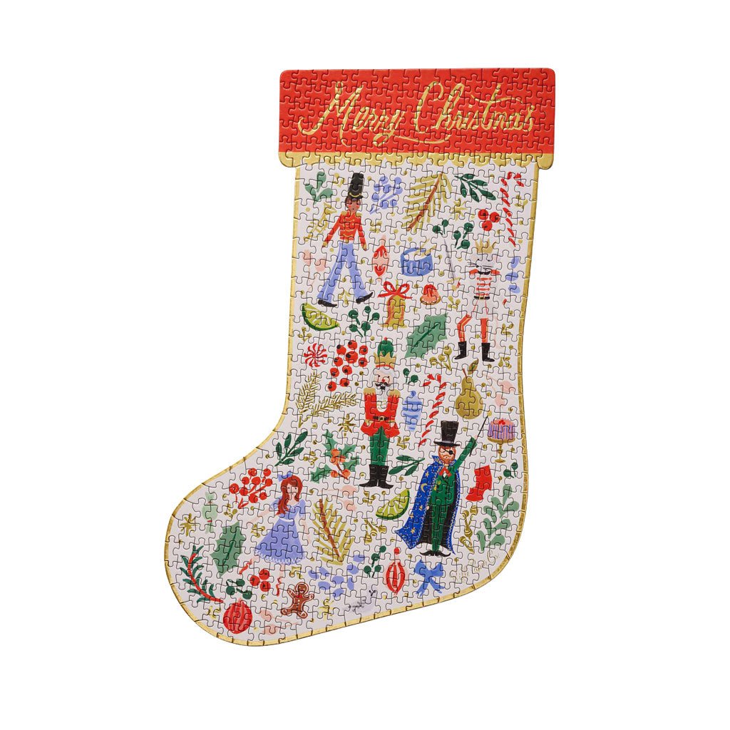 A stocking-shaped puzzle completed on white background.