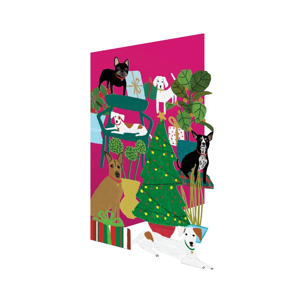 A holiday card with illustrated dogs and holiday decorations.