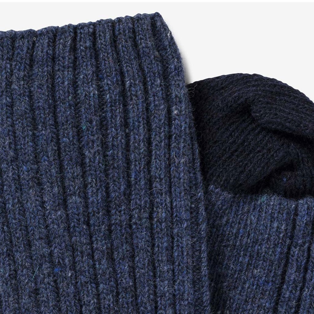 Close-up of blue wool socks with dark blue toes.