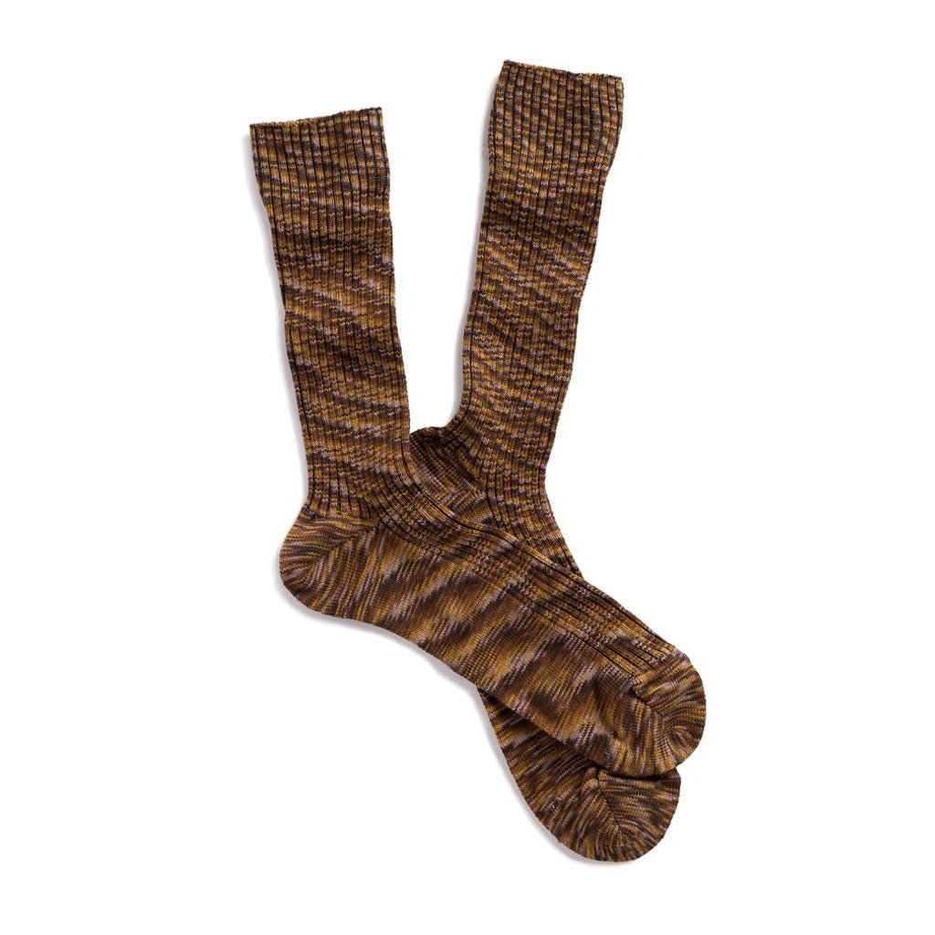 Pair of brown multicolored socks in golden mustard, chestnut brown, dark cocoa, and soft lilac.