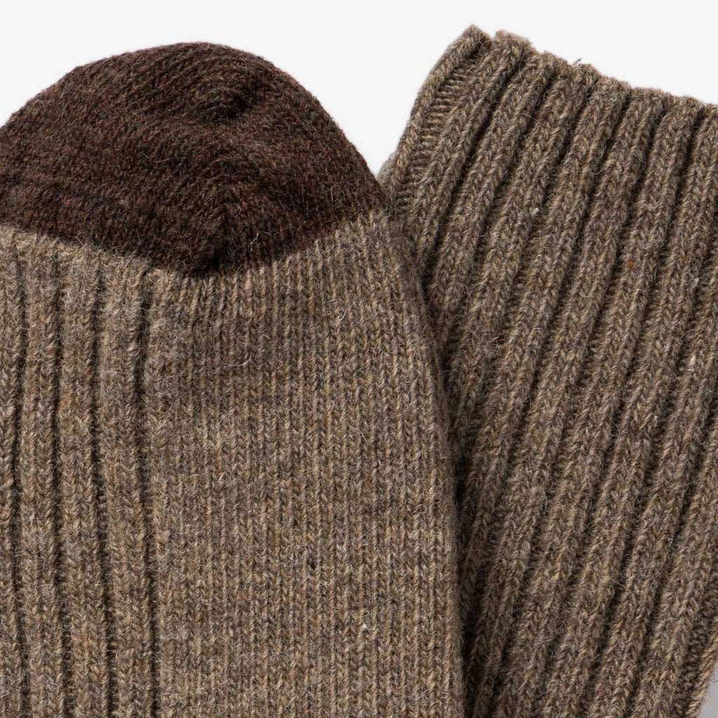 Close-up view of brown wool socks with dark brown toes.