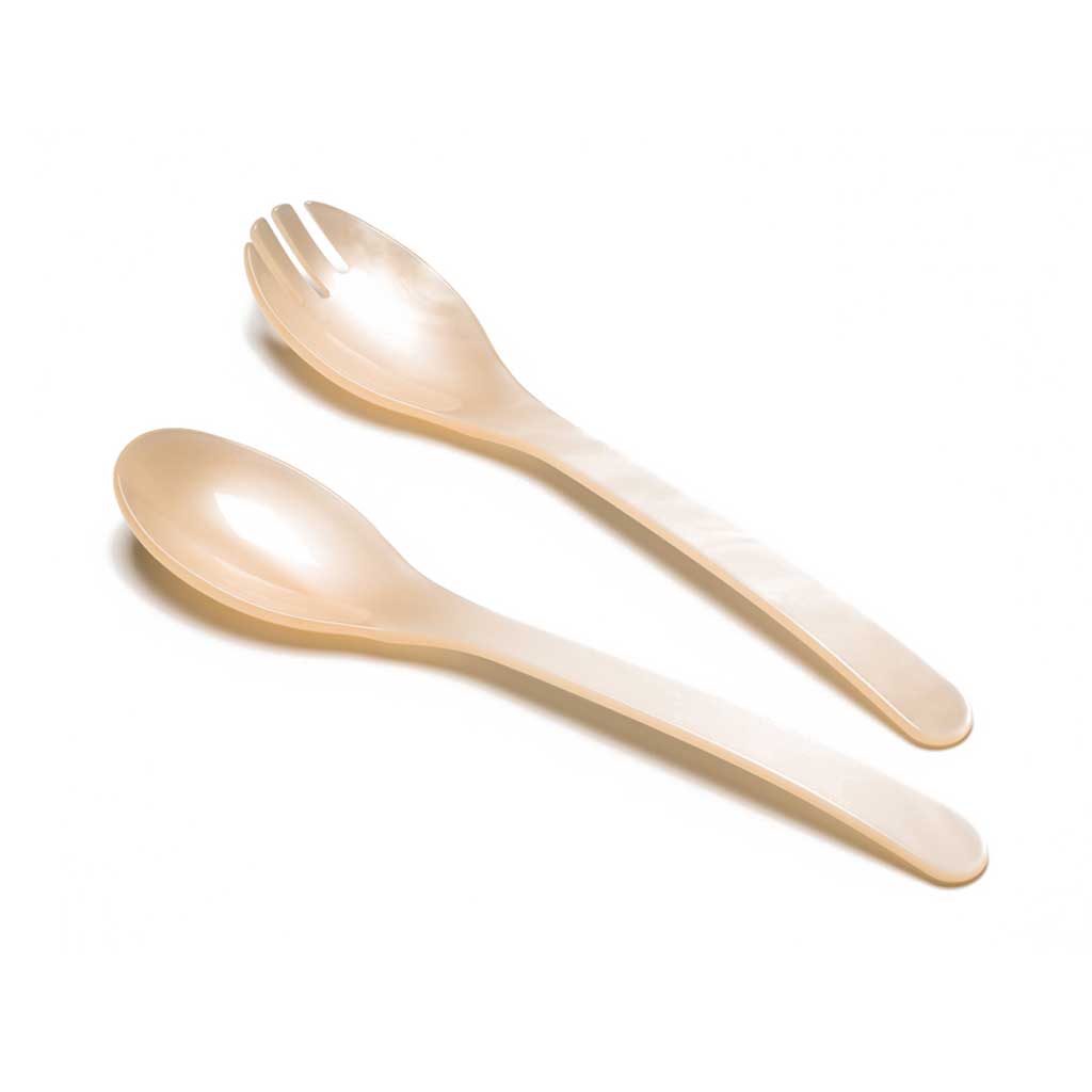 Cream two-piece acrylic salad serving set on white background