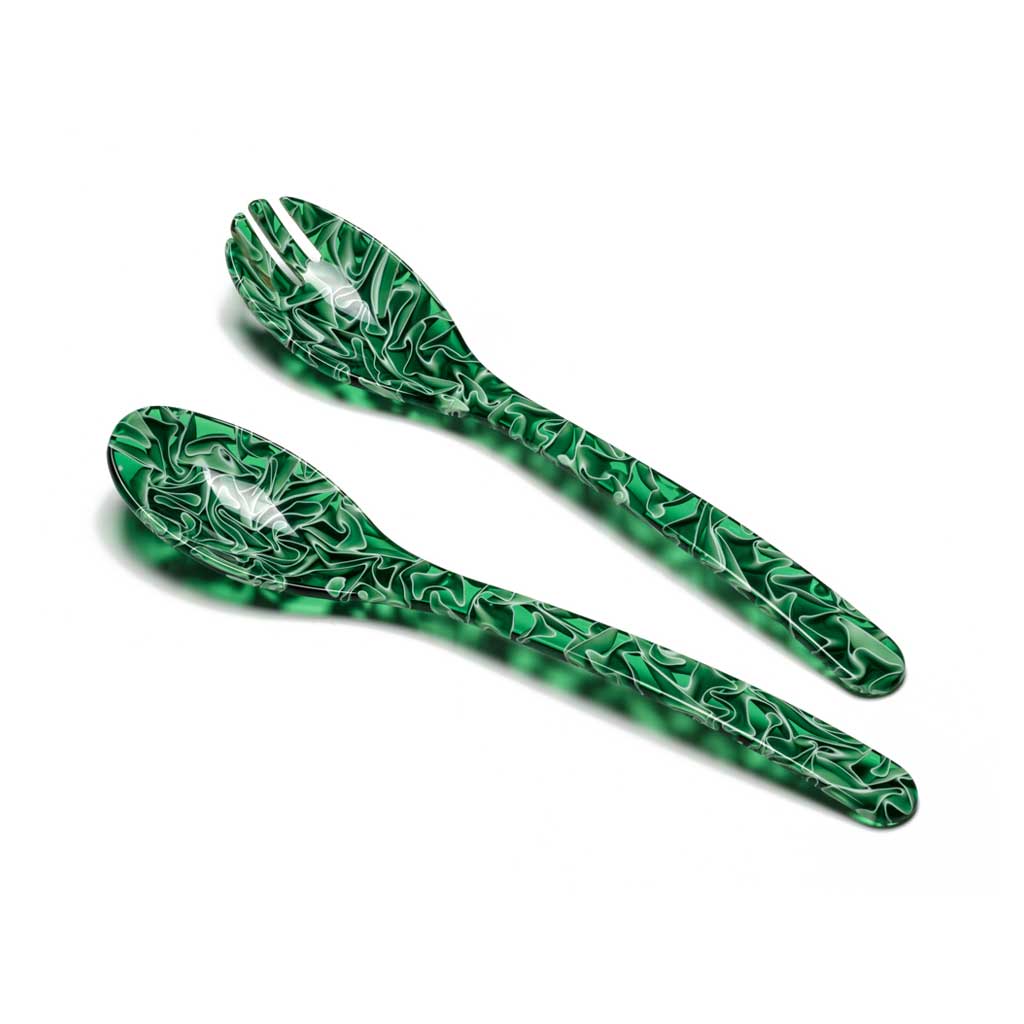Green geometric-patterned two-piece acrylic salad serving set on white background