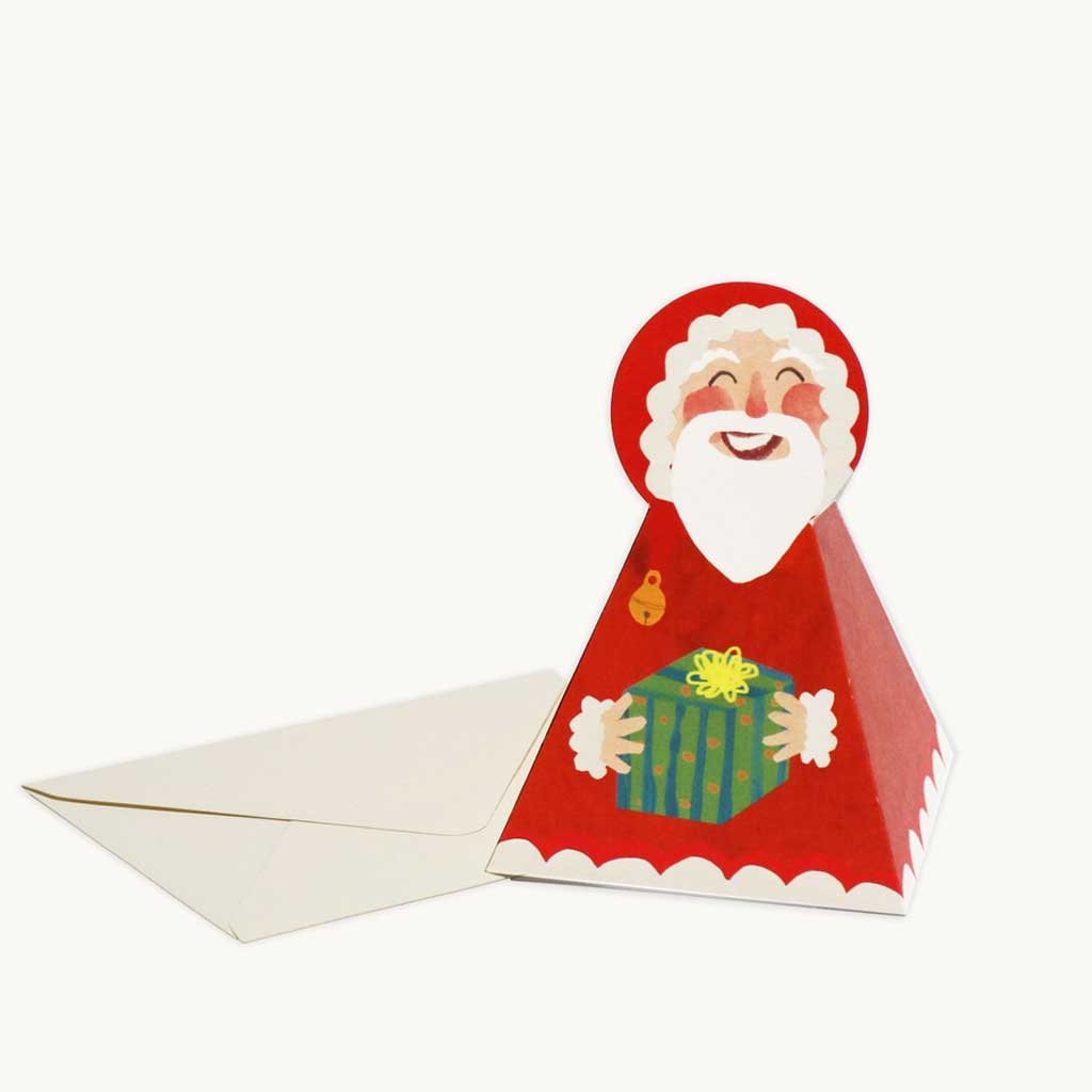 Card with an illustrated Santa Claus holding a gift, featuring a white envelope on a white background.