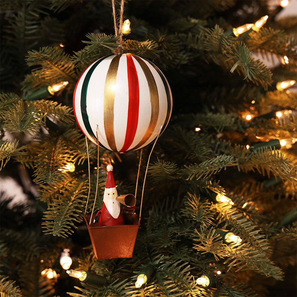 Santa in a Striped Hot Air Balloon Ornament Boston General Store