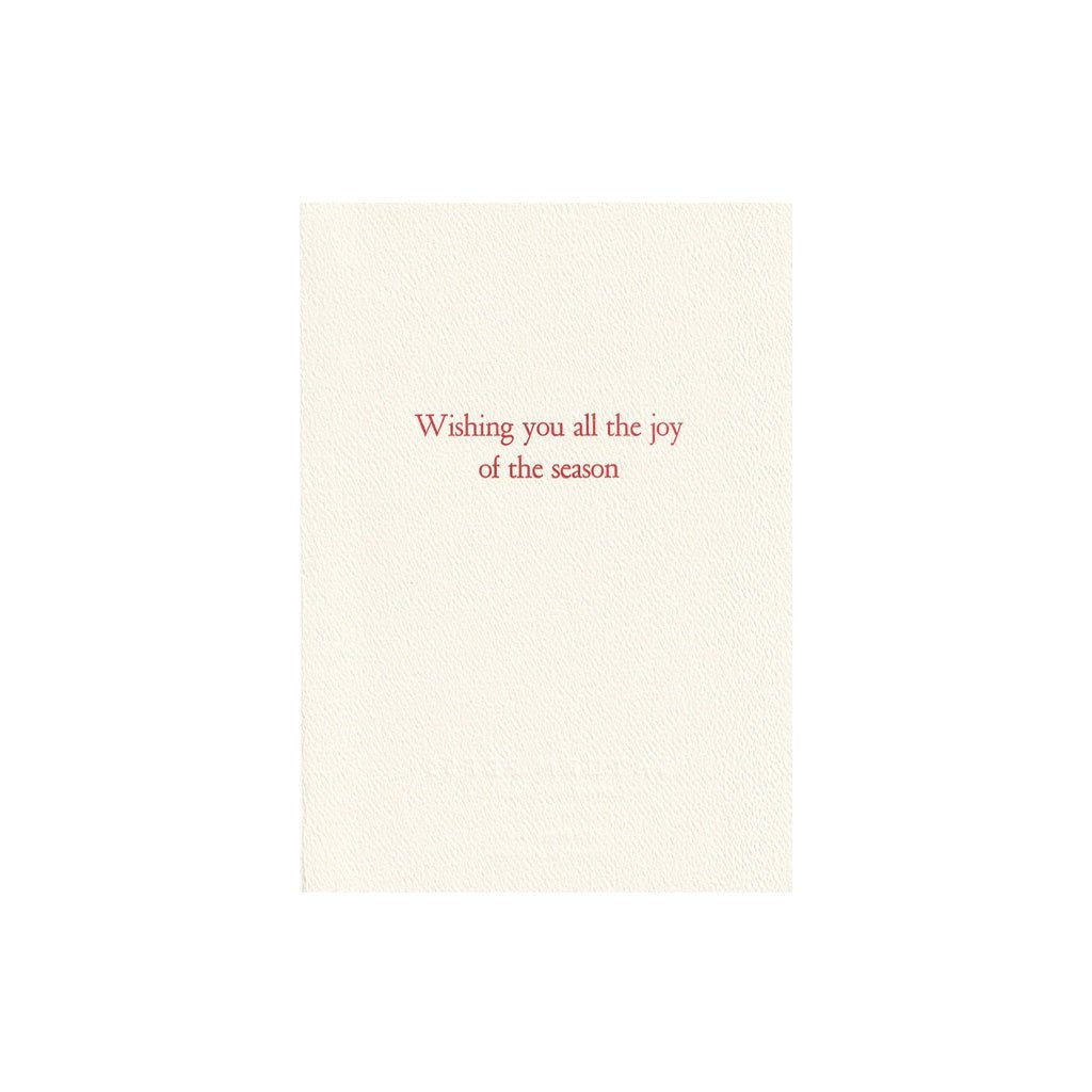 Inside of holiday card with a message reading: "Wishing you all the joy of the season".