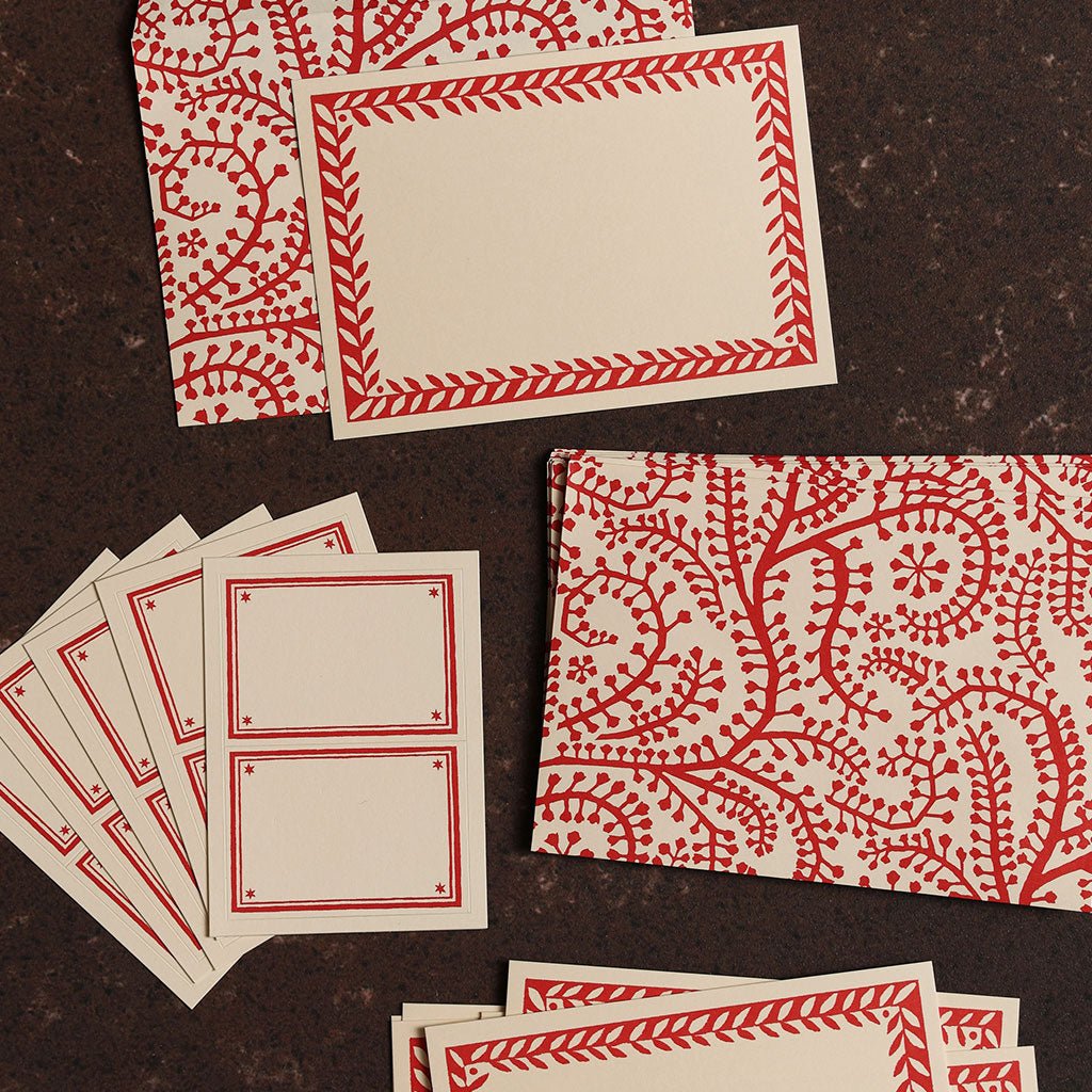 Red and white patterned cards