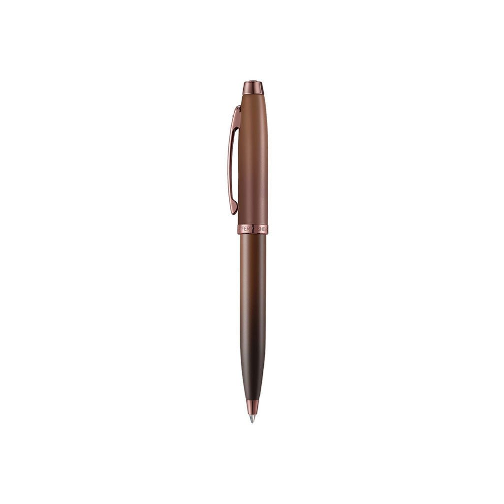Brown ballpoint pen with rose gold accents on white background