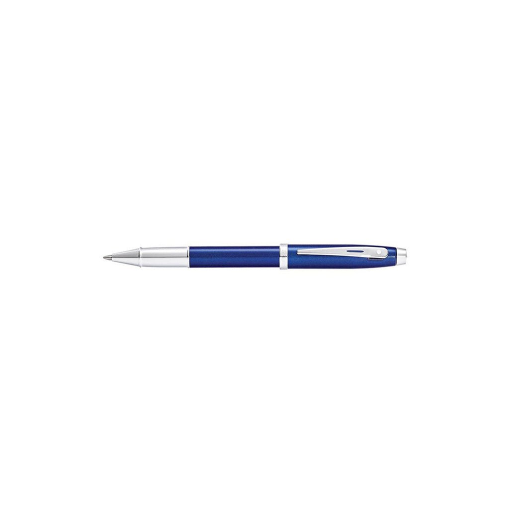 Blue pen with silver accents on a white background